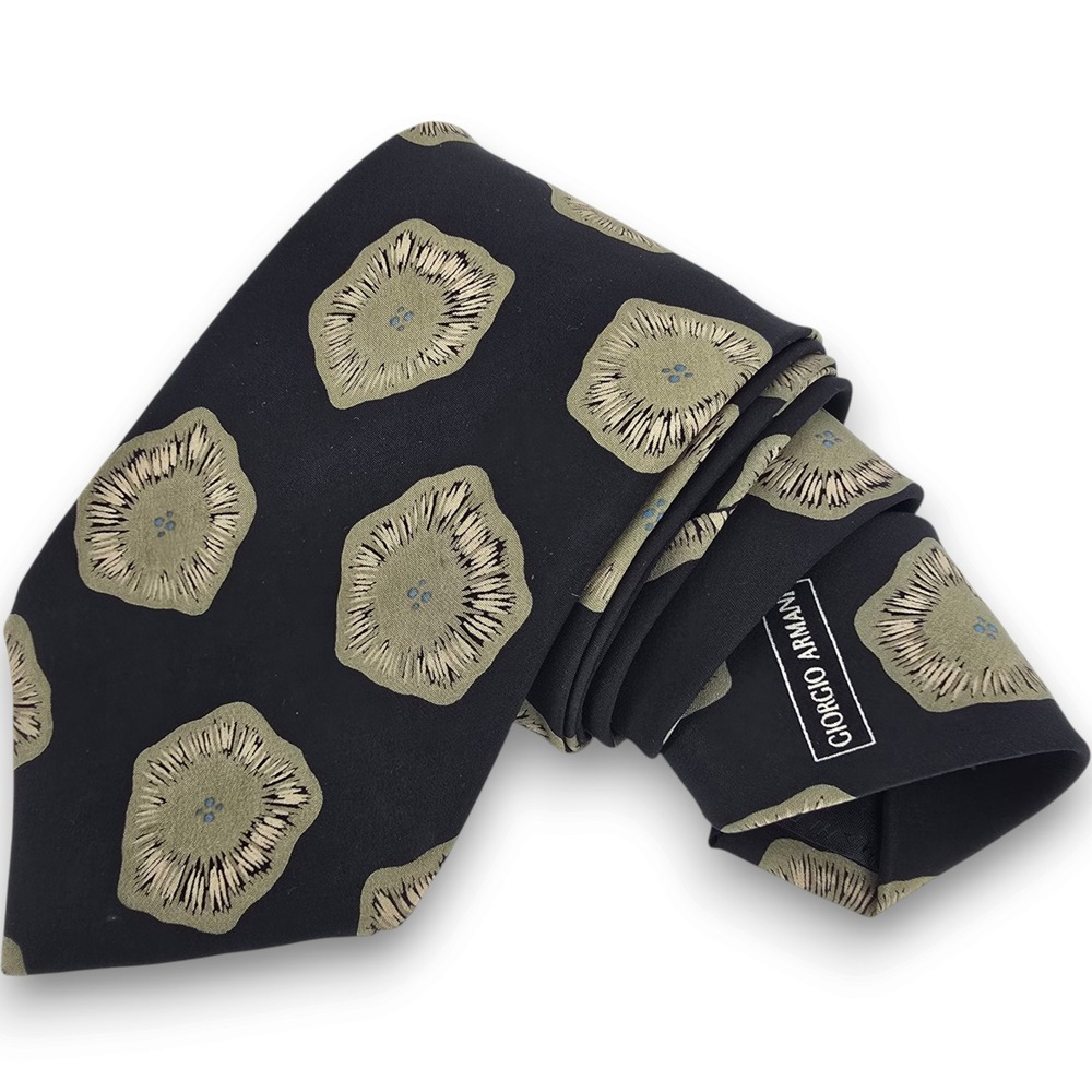 Giorgio Armani Mens Silk Tie Black Olive Floral Medallion Italy 56in x 3.75in